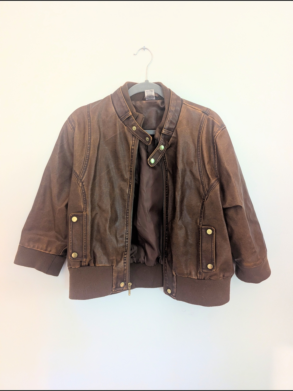Brown Faux Leather Bomber Jacket - Classic Moto Style